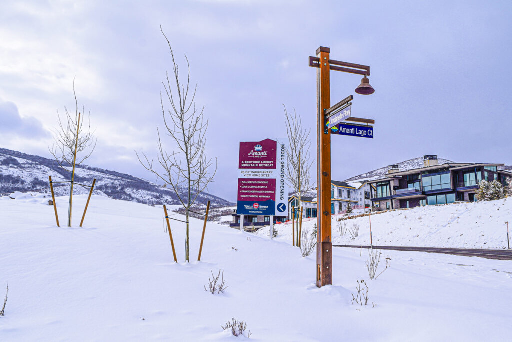 A sign in the snow at the jordanelle area just outside of Park City, Utah